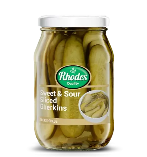 [6005044007606] RHODES SWEET & SOUR GHERKINS 385G